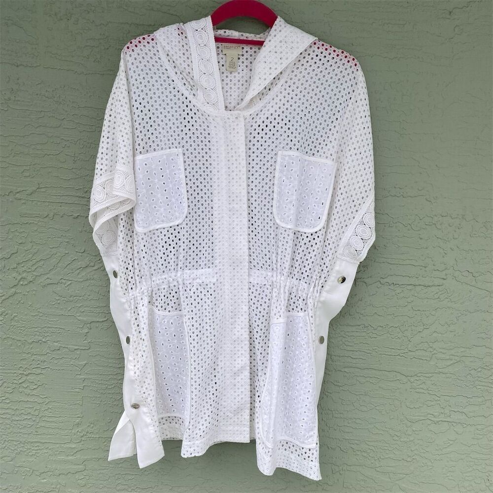 Chico's Women's Eyelet Anorak Jacket White Hooded Size 2 Casual